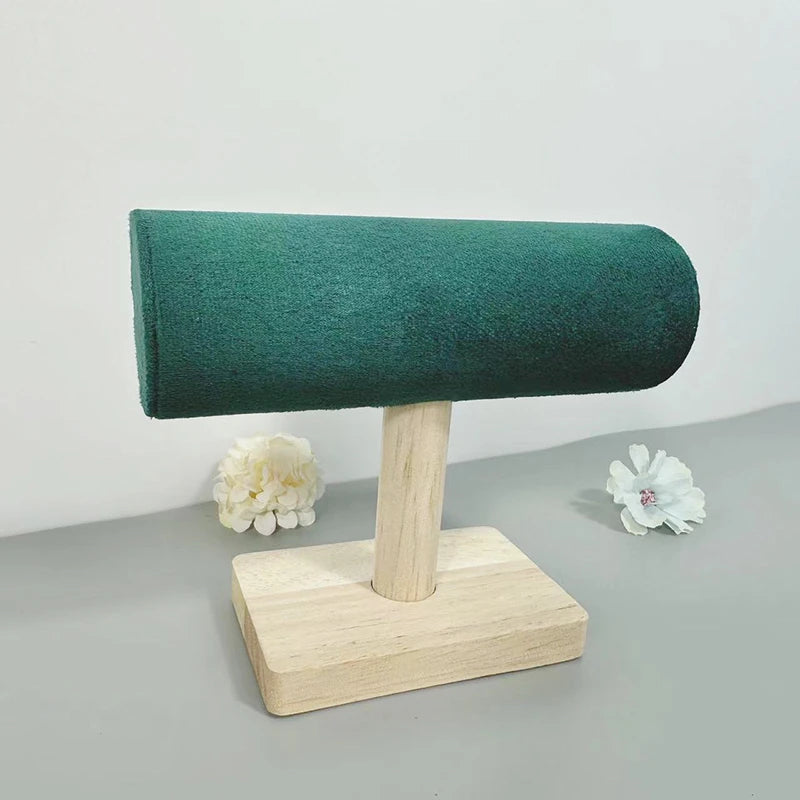 1pc Velvet Bracelet Display Stand With Wooden Base Bangle Necklace Hairbands Watches Jewelry Storage Rack Counter Showcase Props
