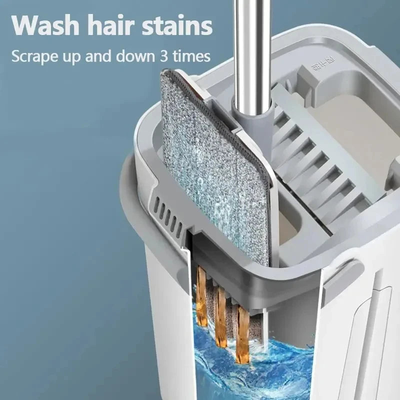 White Hand Free Flat Floor Mop Bucket Set For Professional Home Floor Cleaning System With Washable Microfiber Pads