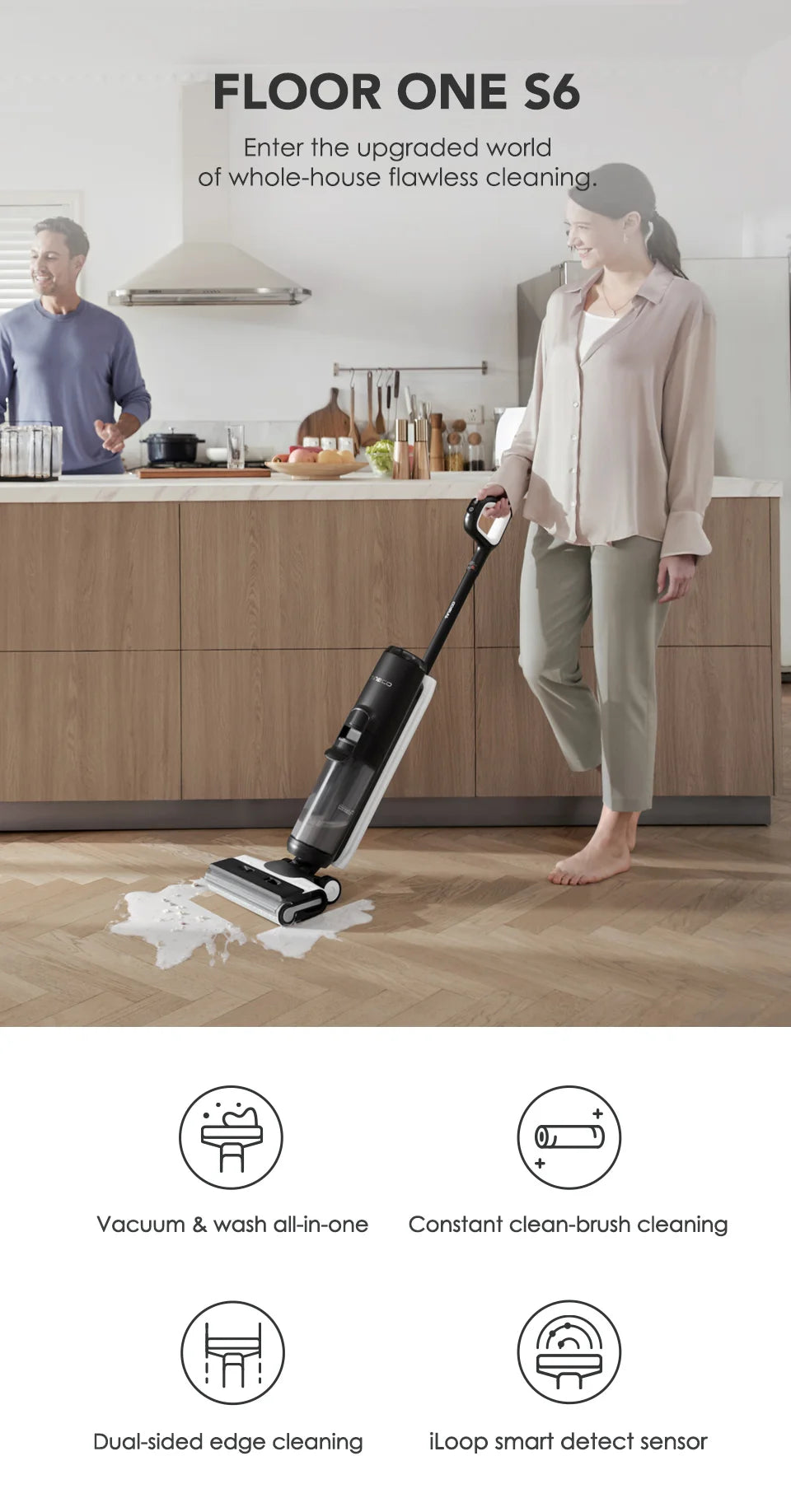 Tineco Floor One S6 Cordless Wet Dry Vacuum Cleaner Floor Washer Mop All-in-One for Hard Floors LED Dual-Sided Edge Cleaning