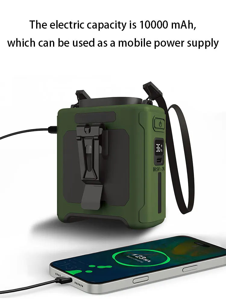 14500mAh Portable Waist Fan one-way Airflow Outlet Turbo Motors with Four Clips Emergency Flashlight Power Bank for Outdoor