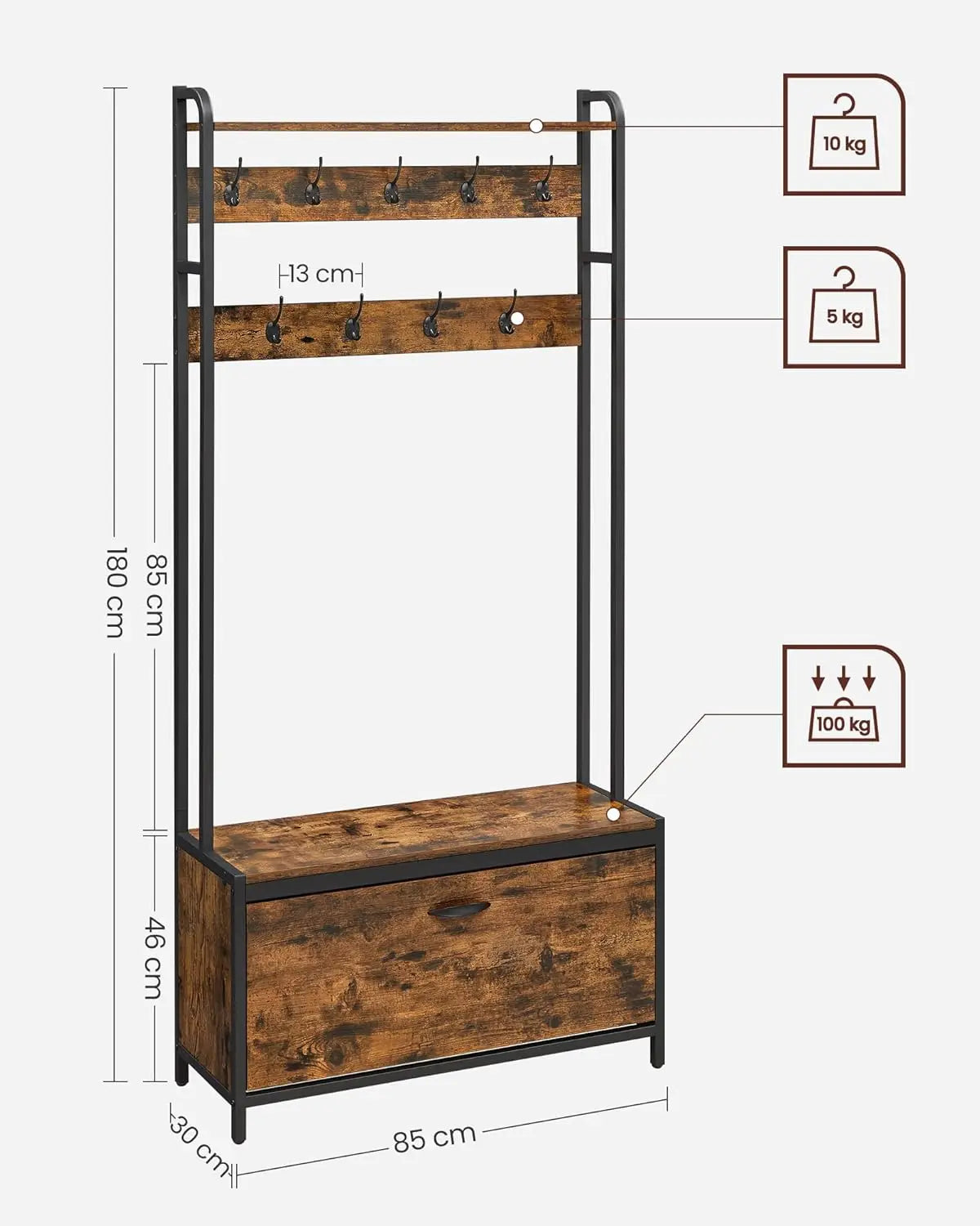 VASAGLE coat rack with shoe cabinet, wardrobe with bench, dresses rack, shoe dump truck, 9 hooks