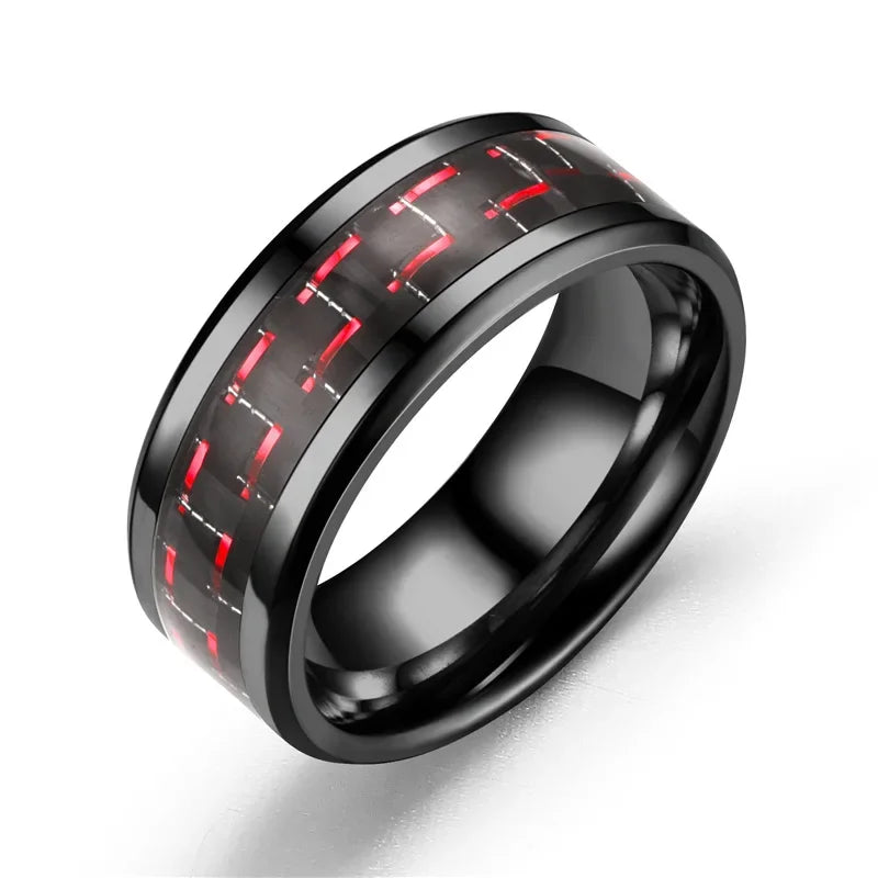 8MM Stainless Steel Black Carbon Fiber Rings Fashion Red Blue Ring Anel Masculino Men Women Cool Charm Jewelry Gifts Wholesale