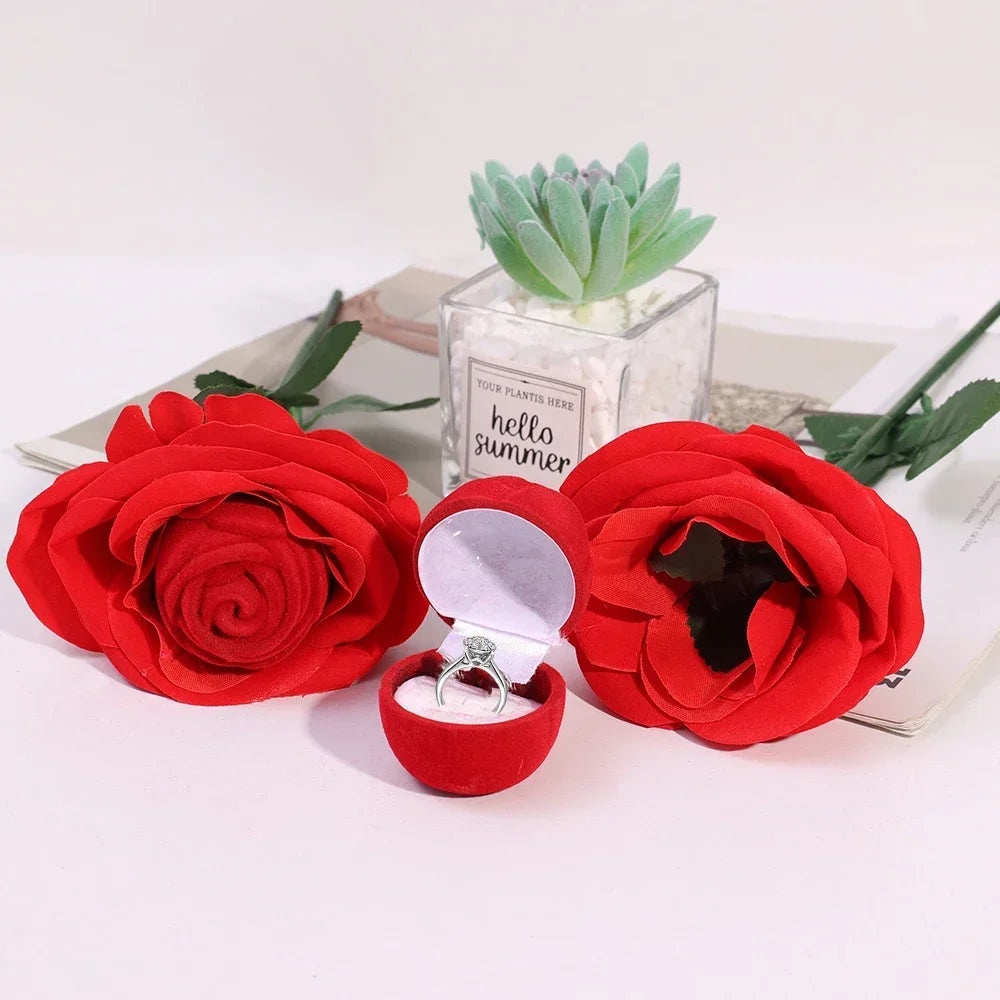 Romantic Rose Flower Ring Boxes Red Velvet Rose Earring Display Holder Gift Box Bridal Wedding Engagement Jewelry Storage Case