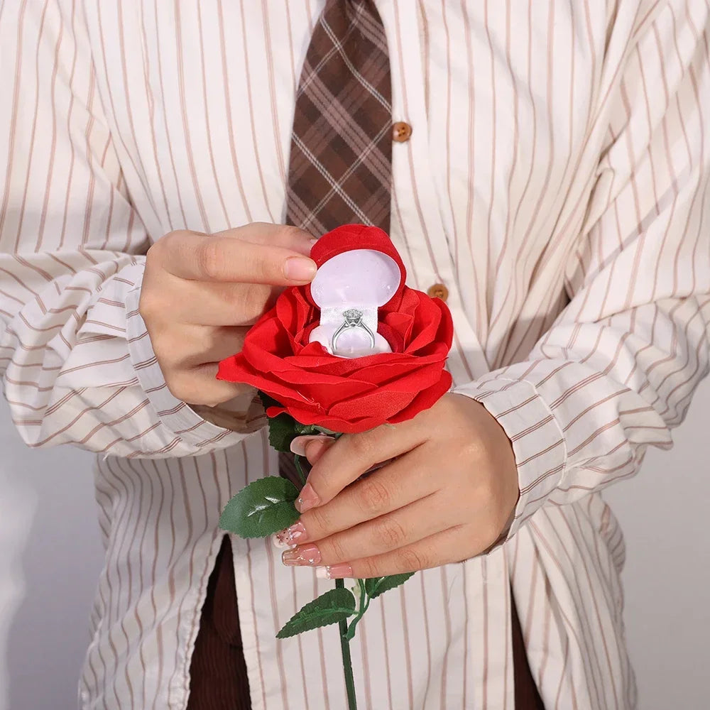 Romantic Rose Flower Ring Boxes Red Velvet Rose Earring Display Holder Gift Box Bridal Wedding Engagement Jewelry Storage Case