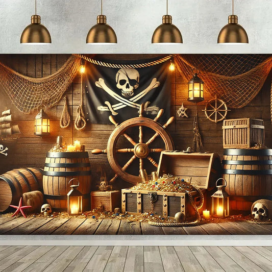 Pirate themed treasure room background, suitable for use as living room, bedroom, office, outdoor space, photography props