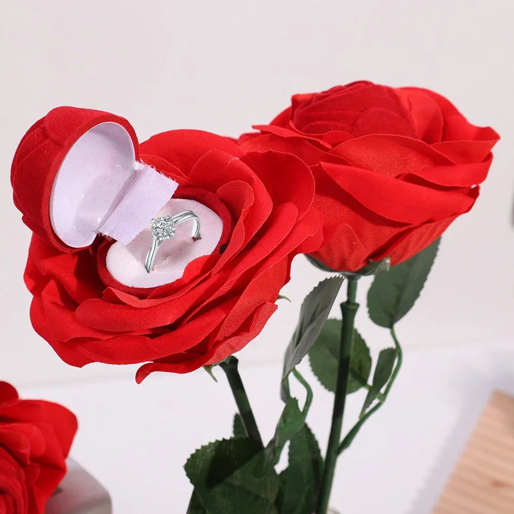 Romantic Rose Flower Ring Boxes Red Velvet Rose Earring Display Holder Gift Box Bridal Wedding Engagement Jewelry Storage Case