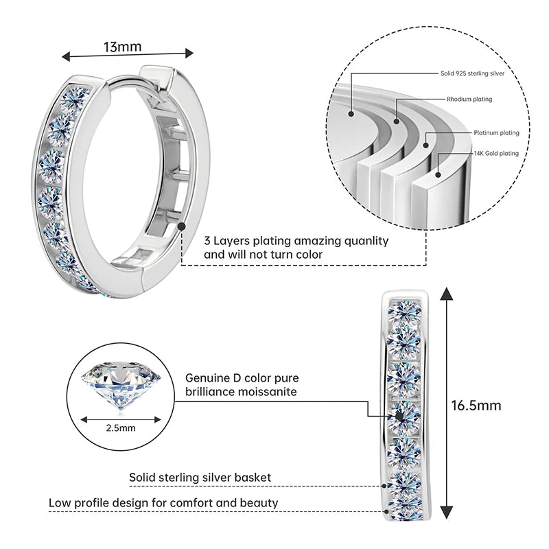 RAPRGOLD GRA Certified Moissanite Hoop Earrings for Women Men's Real S925 Sterling Silver Round Earring Jewelry Gifts orecchini