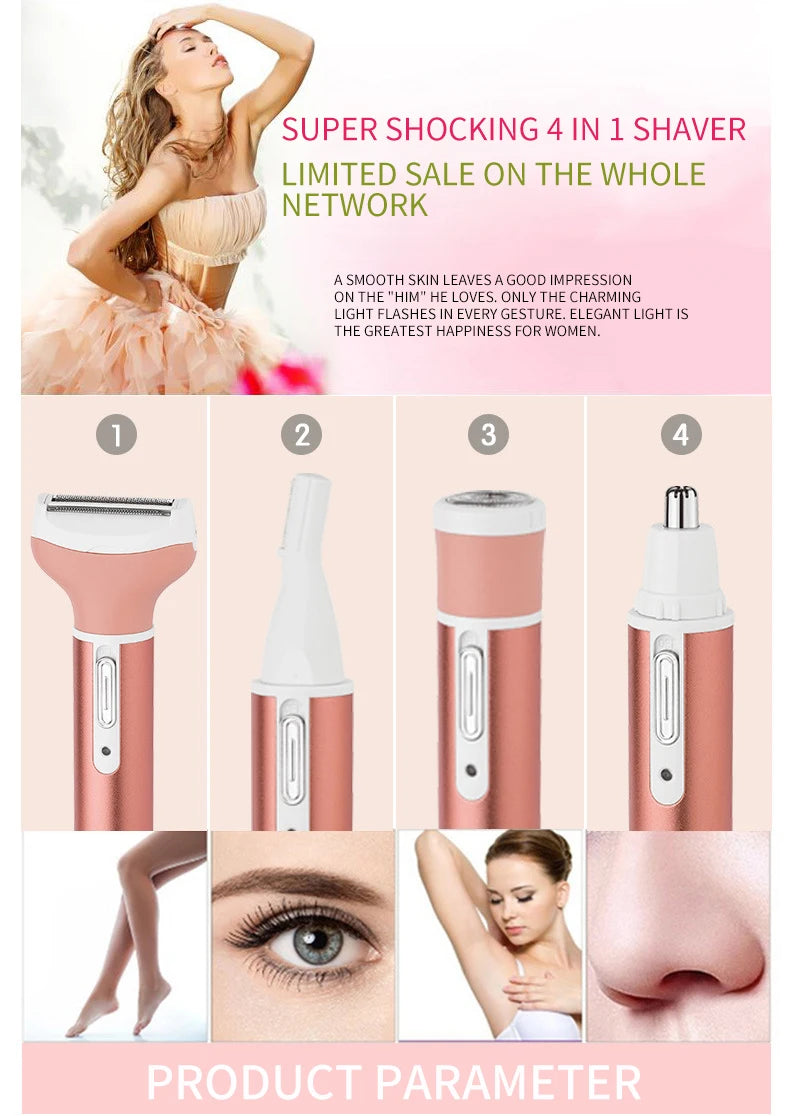4 in 1 Body Hair Removal Epilator Armpit Hair Bikini Hair Leg Hair Pubic Hair Electric Razor Clipper Shaver Trimmer Women