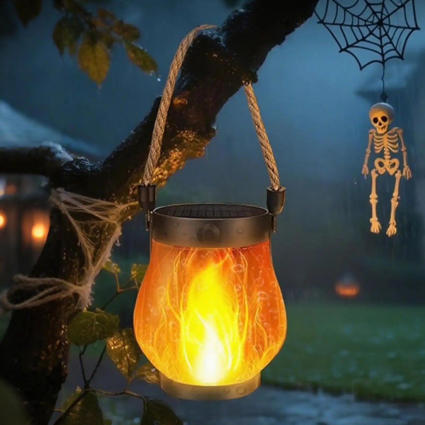 Solar Halloween Flame Lantern, Waterproof Flickering LED Light with USB, Haunted House Garden Balcony Yard Porch Backyard Decor