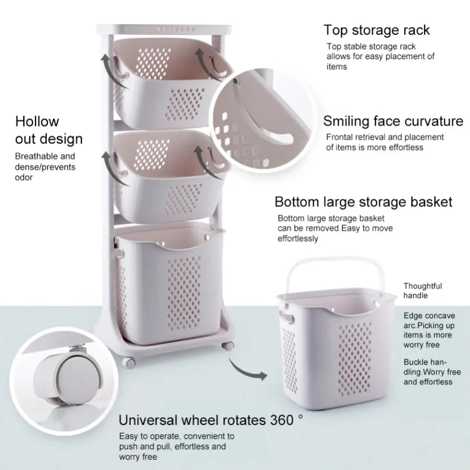 3-Tier Laundry Storage Basket Bathroom Dirty Clothes Storage Basket With Wheel Clothes Sorter Organizer Hamper Rack Rolling Cart