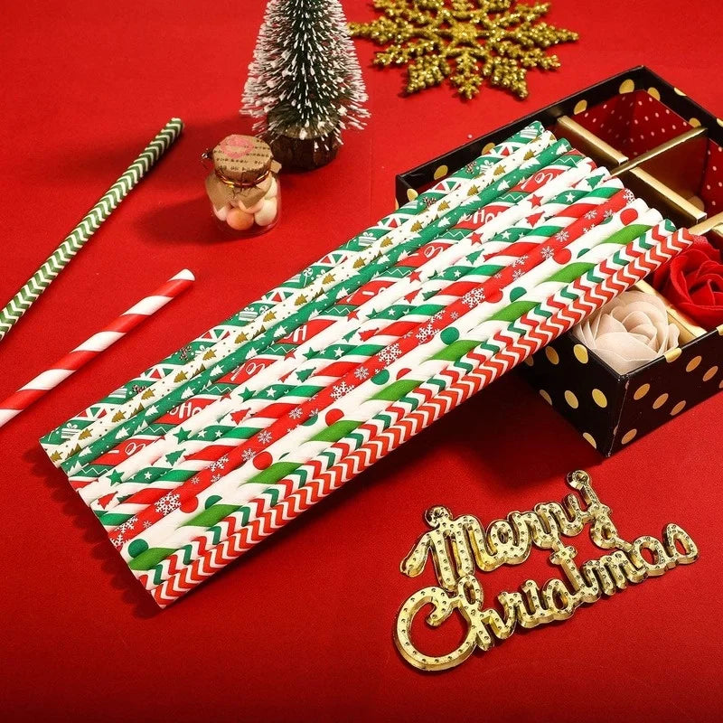 25Pcs Paper Straws Drinking  Striped  Christmas Wedding Happy Birthday Party Cake Straw Decoration Supplies Milk