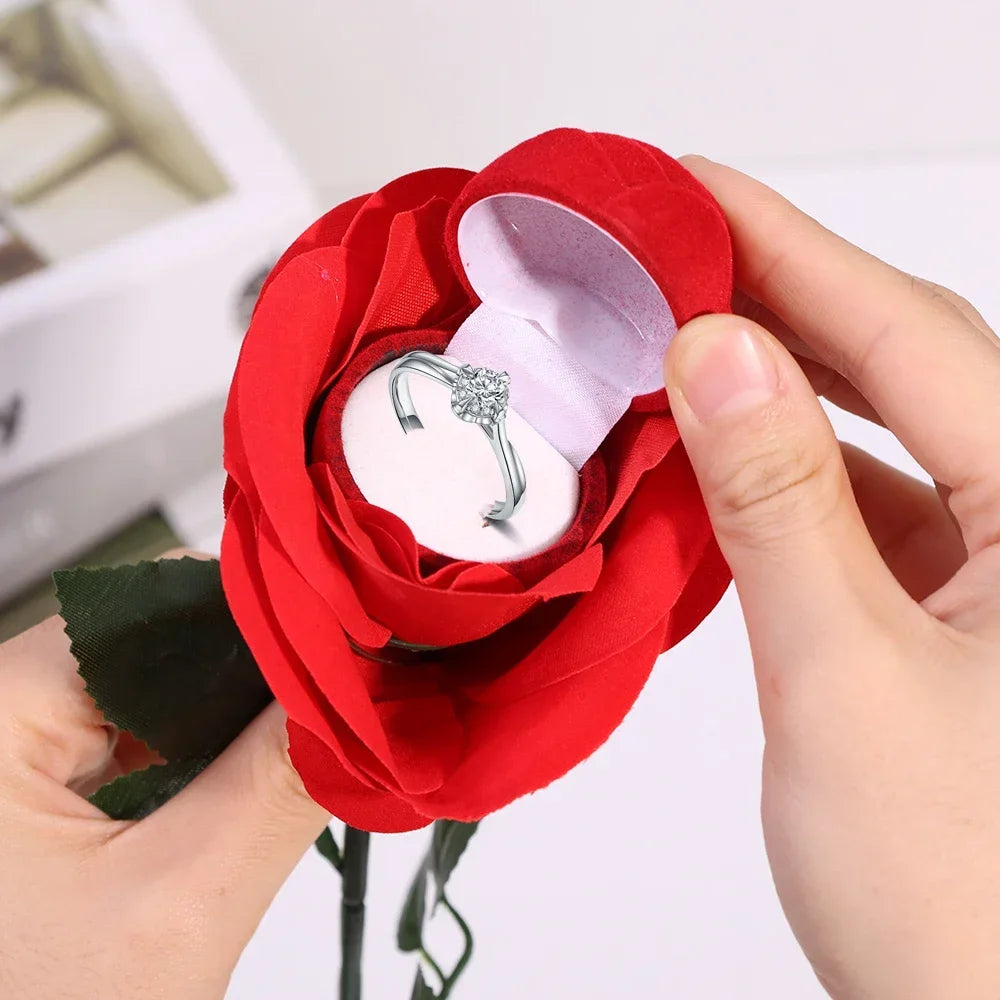 Romantic Rose Flower Ring Boxes Red Velvet Rose Earring Display Holder Gift Box Bridal Wedding Engagement Jewelry Storage Case