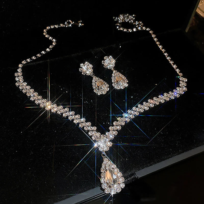 3Pcs Simple Fashion Water Drop Crystal Rhinestones Necklace Earrings Sets For Women Wedding Bride Jewelry Sets Accessories Gift
