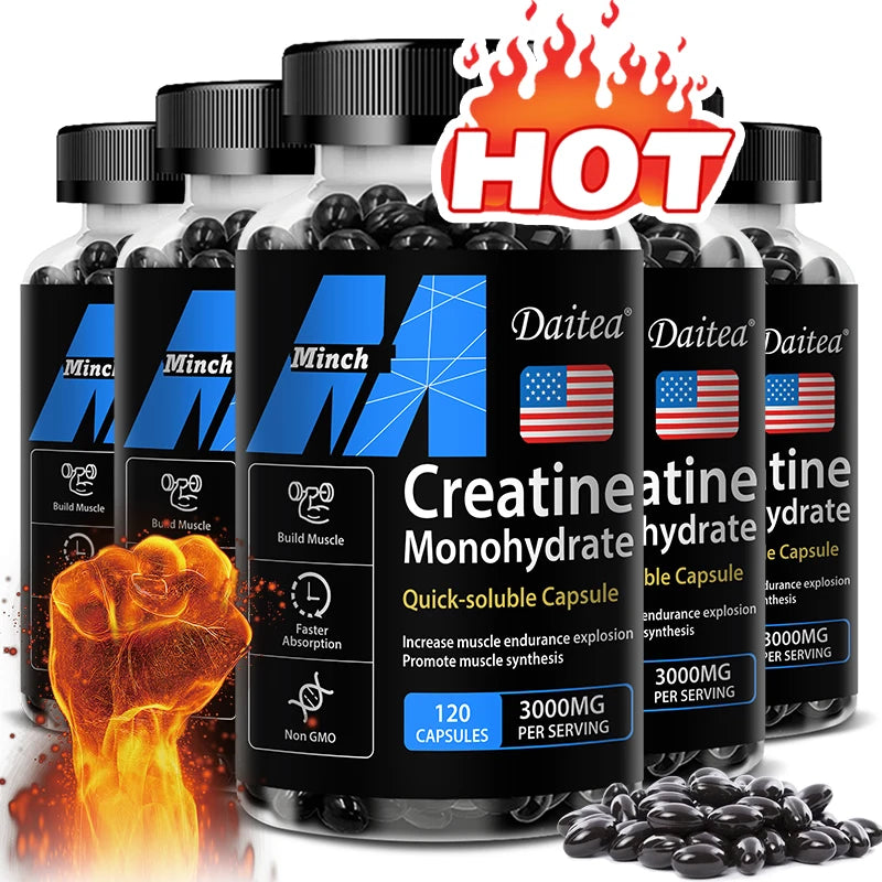 Creatine Monohydrate - Promotes Muscle Mass, Muscle Strength and Athletic Performance, 30/60/120 Capsules, Non-GMO, Gluten-Free
