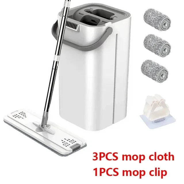 White Hand Free Flat Floor Mop Bucket Set For Professional Home Floor Cleaning System With Washable Microfiber Pads