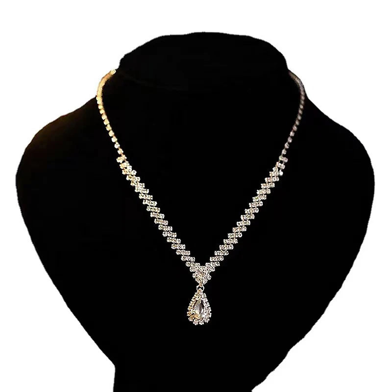3Pcs Simple Fashion Water Drop Crystal Rhinestones Necklace Earrings Sets For Women Wedding Bride Jewelry Sets Accessories Gift