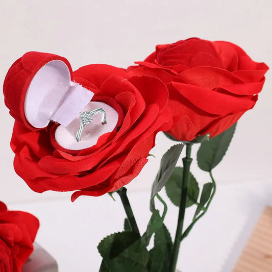 Romantic Rose Flower Ring Boxes Red Velvet Rose Earring Display Holder Gift Box Bridal Wedding Engagement Jewelry Storage Case