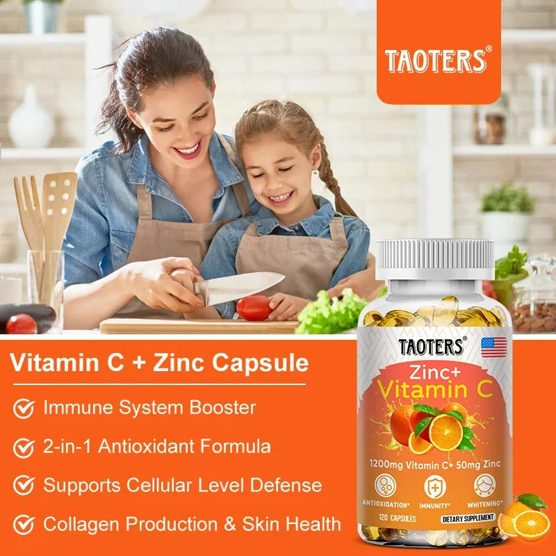 1200 Mg Vitamin C Capsules - with Zinc - Immune System and Collagen Booster, Non-GMO and Gluten-Free Vegetarian