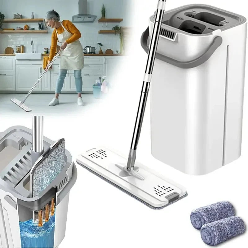 White Hand Free Flat Floor Mop Bucket Set For Professional Home Floor Cleaning System With Washable Microfiber Pads