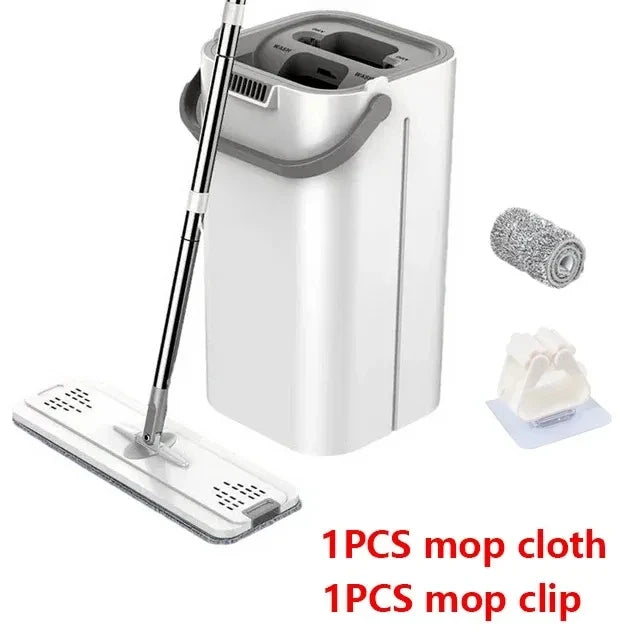 White Hand Free Flat Floor Mop Bucket Set For Professional Home Floor Cleaning System With Washable Microfiber Pads