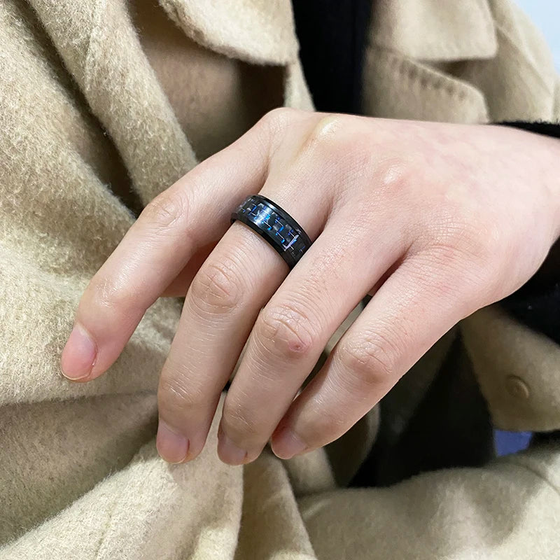 8MM Stainless Steel Black Carbon Fiber Rings Fashion Red Blue Ring Anel Masculino Men Women Cool Charm Jewelry Gifts Wholesale