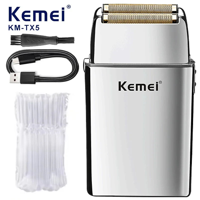 Kemei KM-TX5 Premium Chargeable Battery Type Silver Shaver Double Net Aluminum Alloy Reciprocating Electric Shaver