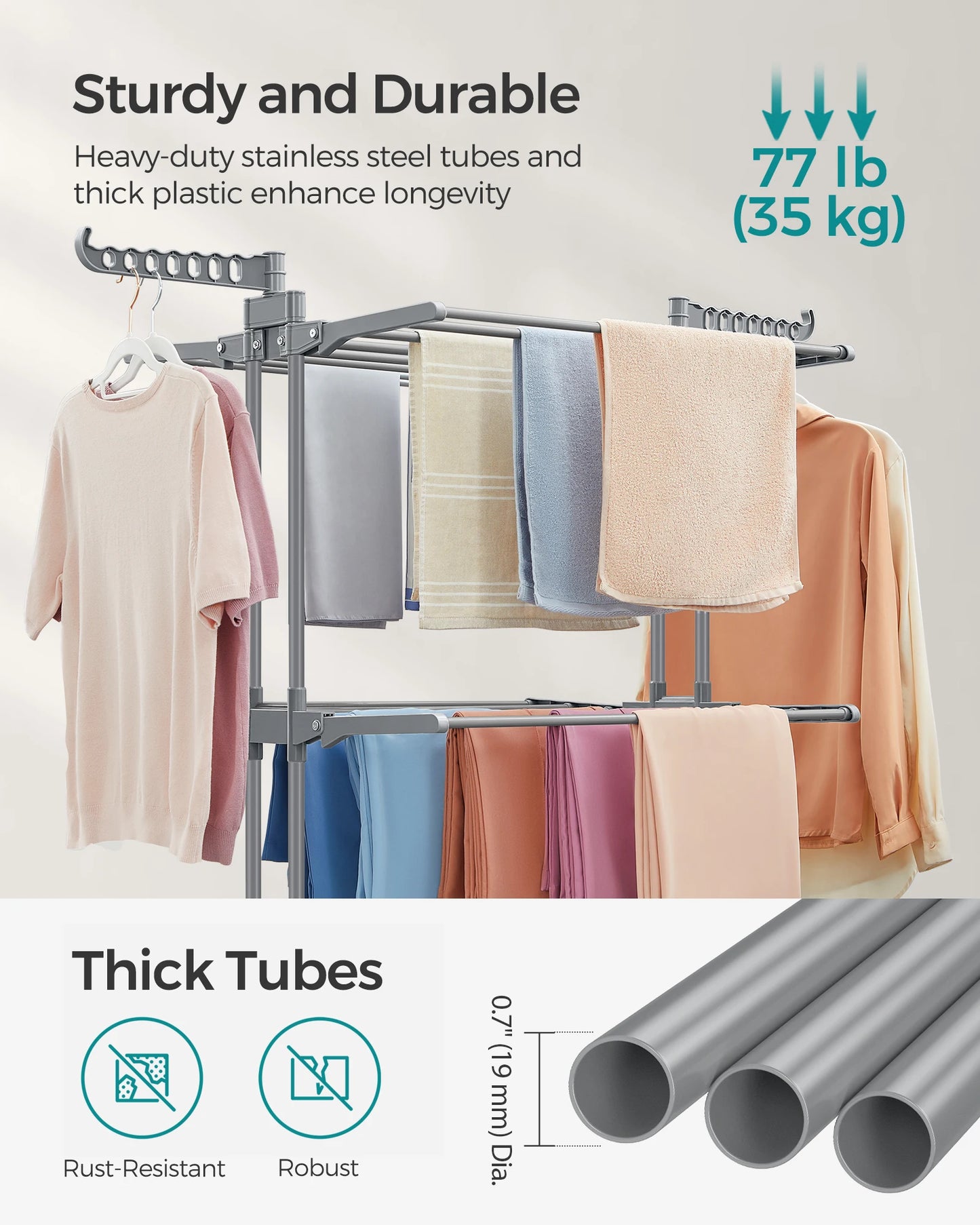 SONGMICS Large Clothes Airer, Foldable Clothes Drying Rack Laundry 4-Tier, Moveable Clothes Horse, 64 x 126 x 172 cm