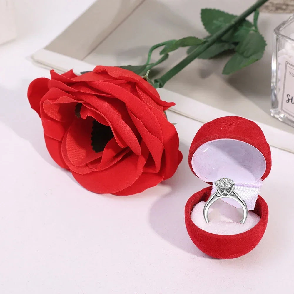 Romantic Rose Flower Ring Boxes Red Velvet Rose Earring Display Holder Gift Box Bridal Wedding Engagement Jewelry Storage Case