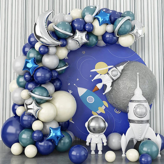124PCS Outer Space 1st Birthday Moon Star Foil Balloon Arch for Boy Kids Astronaut UFO Themed First Trip Birthday Party Supplies