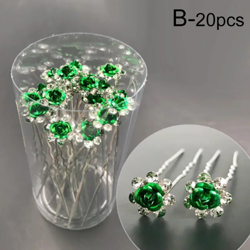 20pcs/lot Fashion U Shape Crystal Hair Fork Rhinestone Flower Hair Pin Sticks For Women Wedding Bridal Hair Accessories Jewelry