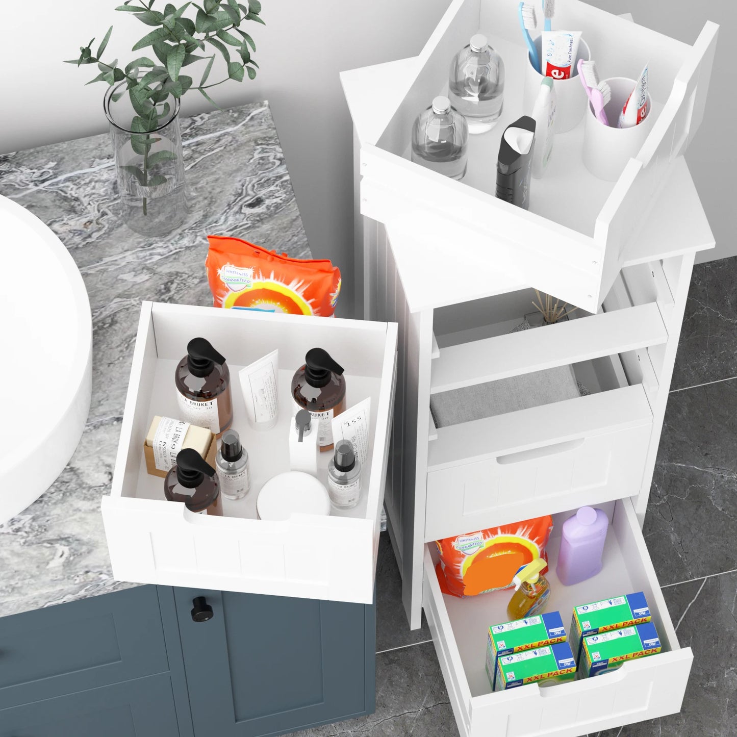 Bathroom Storage Cabinet with 4 Drawers, Wooden Modern Style Free-standing Cabinet for Bathroom, 30 x 30 x 82 cm, White