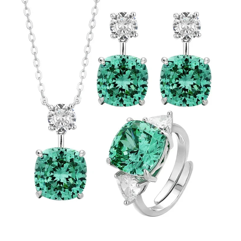 Exquisite Square Cut Green Crystal Jewelry Necklace Adjustable Ring Earrings Dress Accessories Design Trendy Fashion for Women