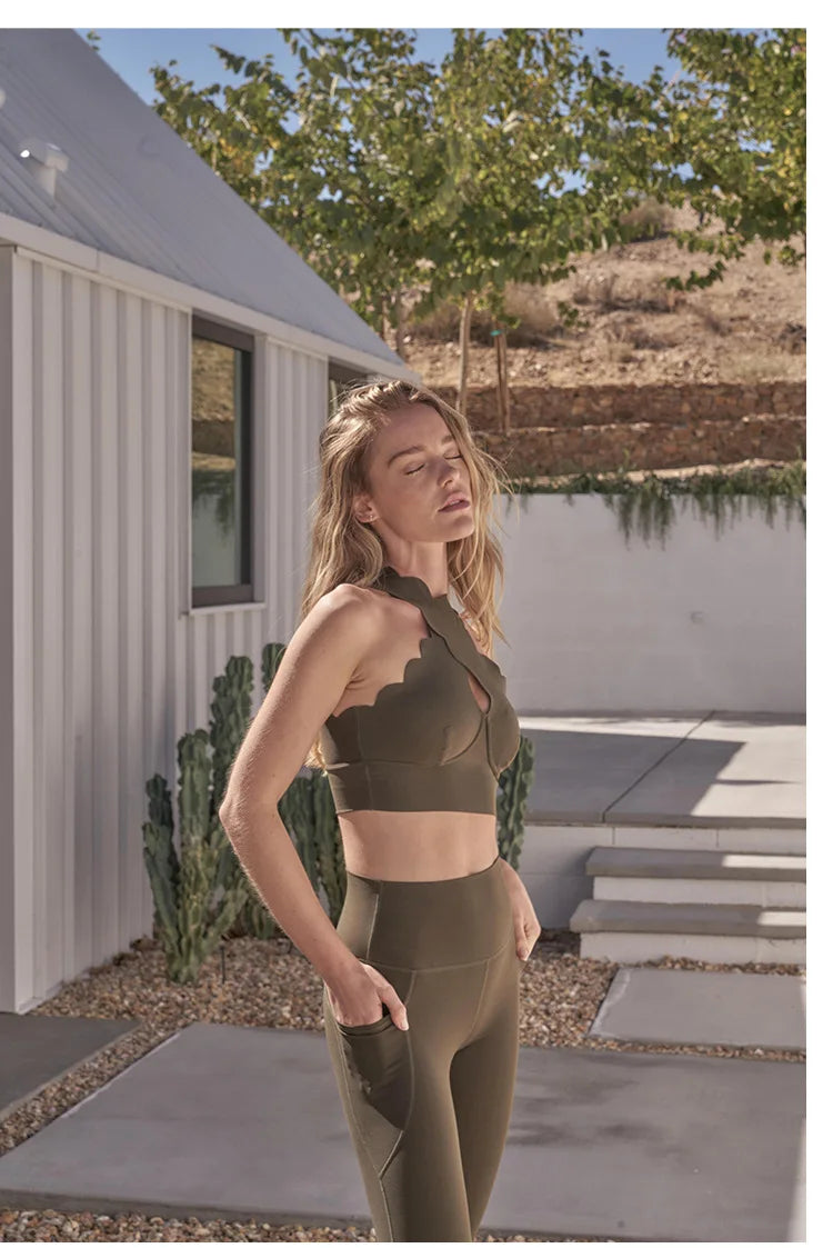 FUBEIKE Lace Cross Gather Yoga Bra Vest Fitness Outerwear Gym Training Outdoor Gym Sports Top Leggings Workout Sportswear