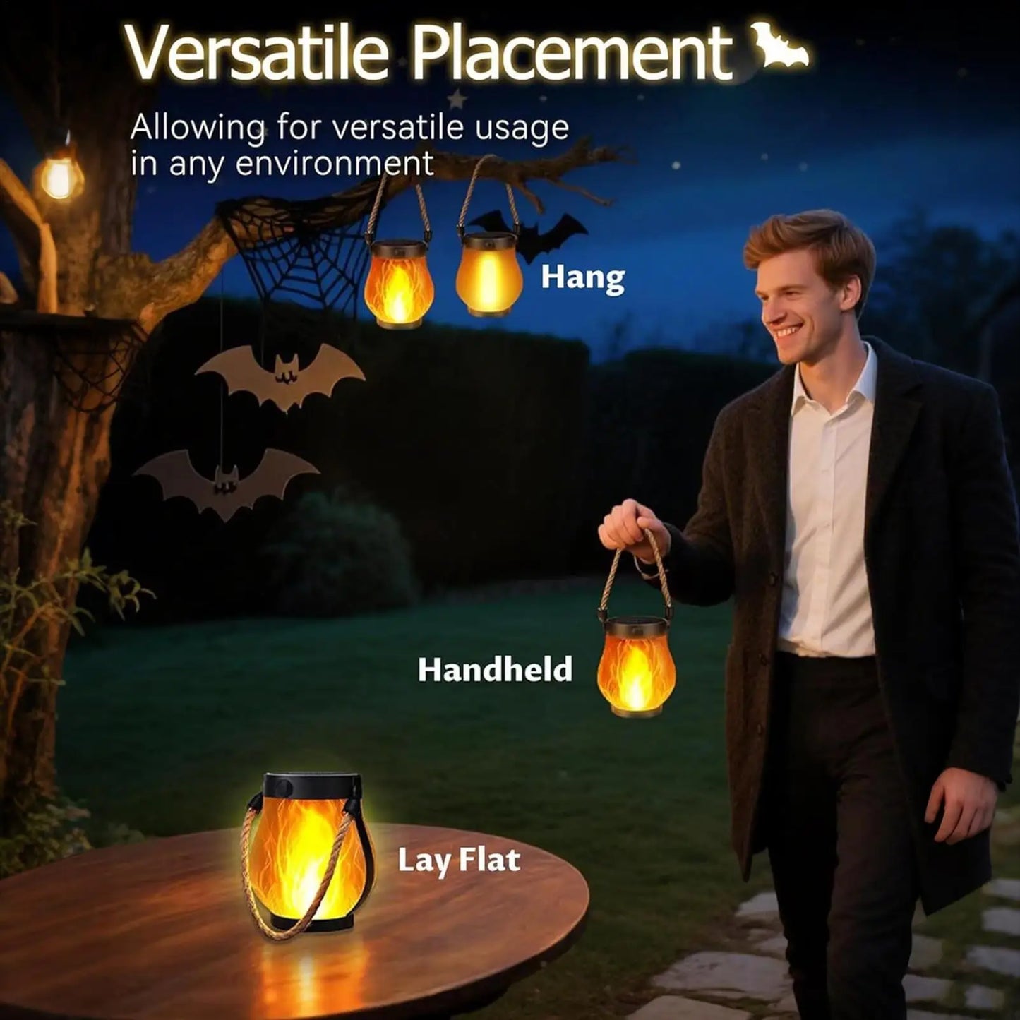 Solar Halloween Flame Lantern, Waterproof Flickering LED Light with USB, Haunted House Garden Balcony Yard Porch Backyard Decor