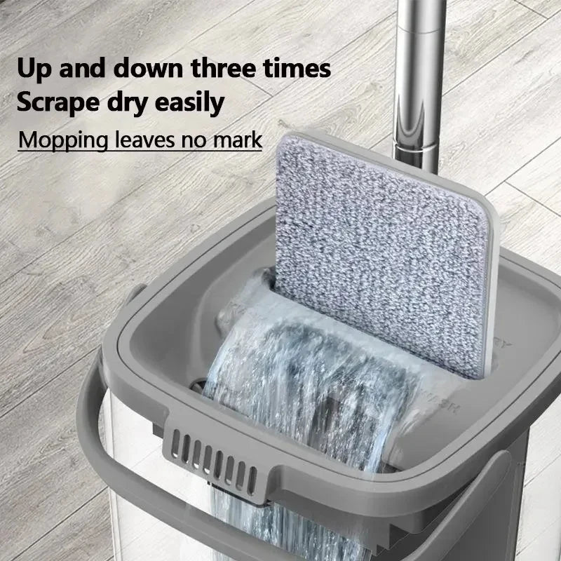 White Hand Free Flat Floor Mop Bucket Set For Professional Home Floor Cleaning System With Washable Microfiber Pads