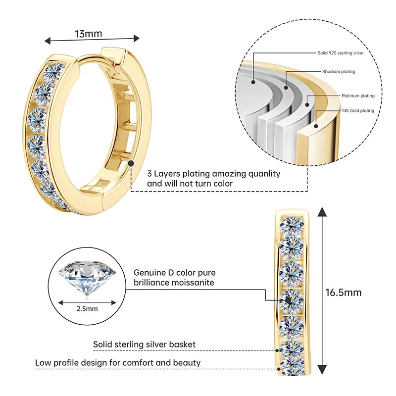 RAPRGOLD GRA Certified Moissanite Hoop Earrings for Women Men's Real S925 Sterling Silver Round Earring Jewelry Gifts orecchini