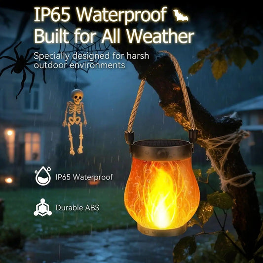 Solar Halloween Flame Lantern, Waterproof Flickering LED Light with USB, Haunted House Garden Balcony Yard Porch Backyard Decor