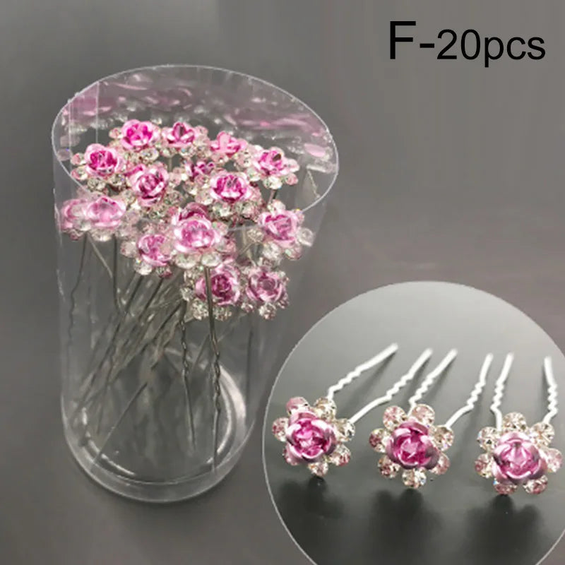 20pcs/lot Fashion U Shape Crystal Hair Fork Rhinestone Flower Hair Pin Sticks For Women Wedding Bridal Hair Accessories Jewelry