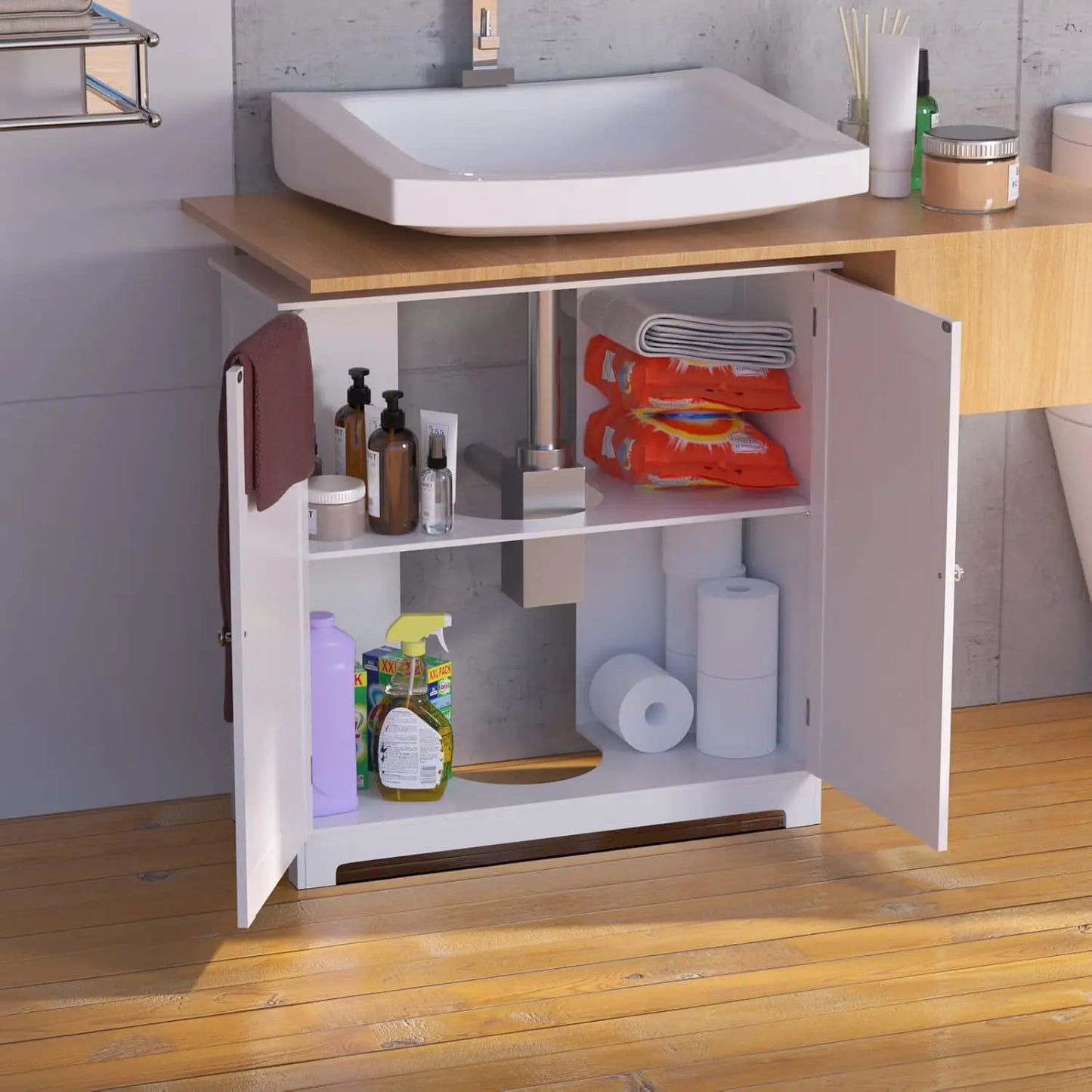 BRIEFNESS Washbasin storage cabinet White sink cabinet 2 door bathroom cabinet Adjustable shelves Base cabinet washbasin
