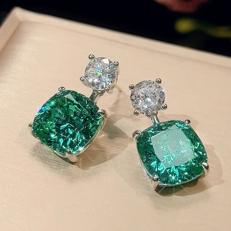 Exquisite Square Cut Green Crystal Jewelry Necklace Adjustable Ring Earrings Dress Accessories Design Trendy Fashion for Women
