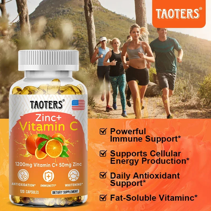 1200 Mg Vitamin C Capsules - with Zinc - Immune System and Collagen Booster, Non-GMO and Gluten-Free Vegetarian