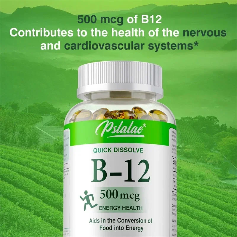 Vitamin B12 Capsules - for Mood, Brain, Nervous System, Energy, Metabolism