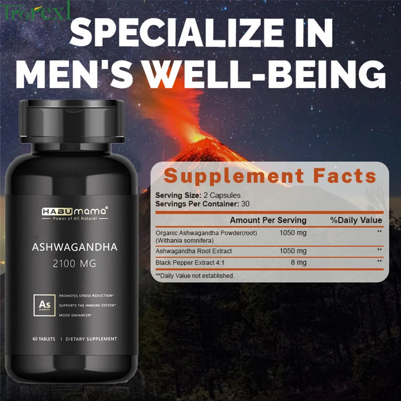 Organic Ashwagandha 60 Capsules Men Enhancing Supplement ,Natural Energy & Stamina Booster,Promotes Size