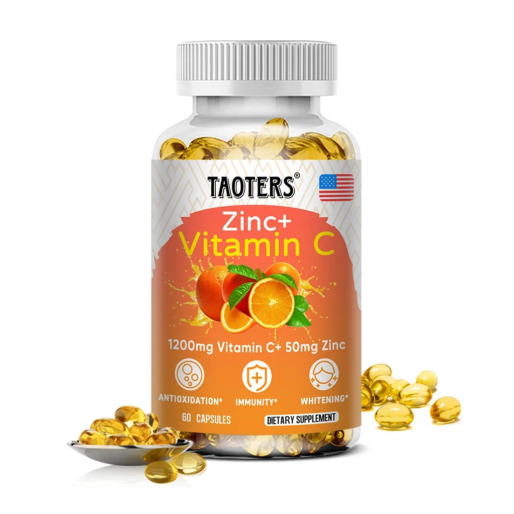 1200 Mg Vitamin C Capsules - with Zinc - Immune System and Collagen Booster, Non-GMO and Gluten-Free Vegetarian