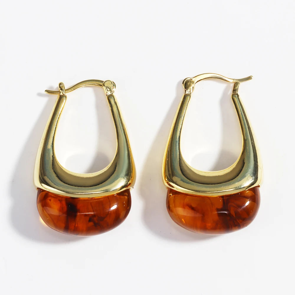 Colorful Transparent Resin Geometric Hoop Earrings for Women U Shape Ear Buckle Hoops with Natural Stone Charms Gifts