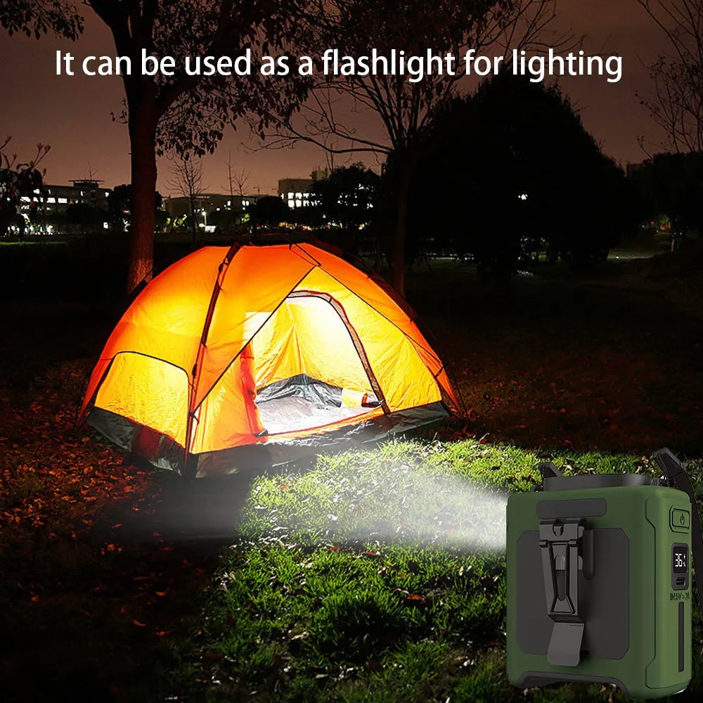 14500mAh Portable Waist Fan one-way Airflow Outlet Turbo Motors with Four Clips Emergency Flashlight Power Bank for Outdoor
