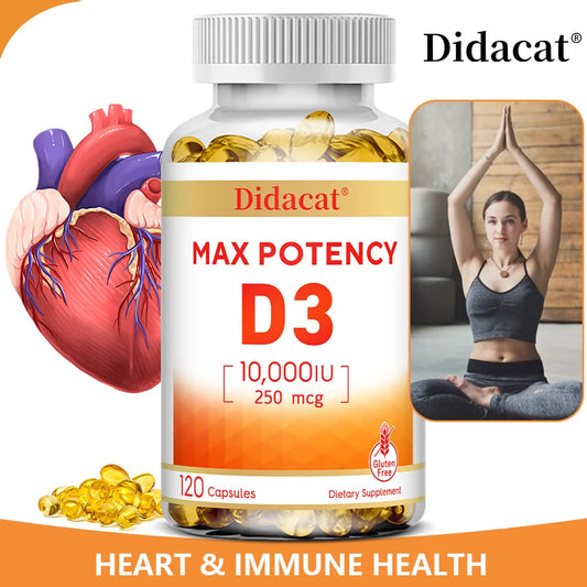 Vitamin D3 10,000 IU - Strong Bones, Heart, Immune Support - Non-GMO, Gluten-Free Supplement