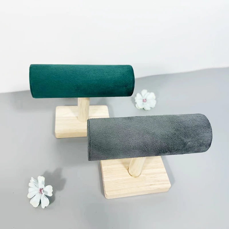 1pc Velvet Bracelet Display Stand With Wooden Base Bangle Necklace Hairbands Watches Jewelry Storage Rack Counter Showcase Props