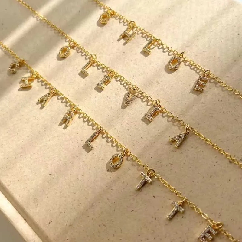 Customized Name Necklace Personalized Zircon 26 Capital Letter Stainless Steel Choker Necklace Pendant Nameplate Jewelry Gift