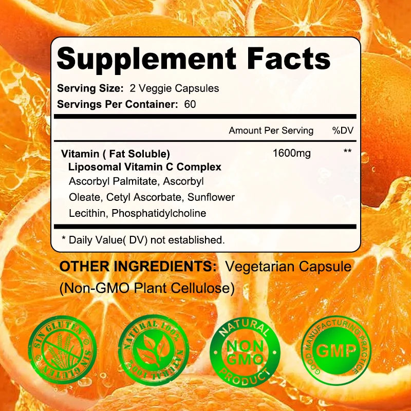 Liposomal Vitamin C 1600mg Capsules - Promotes Collagen Production, Powerful Antioxidant, Immune Health